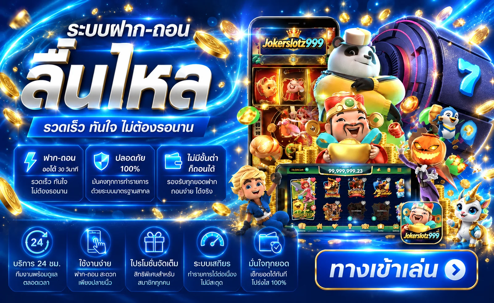 ระบบฝากถอน Jokerslotz999 พร้อมตัวละครเกม PG